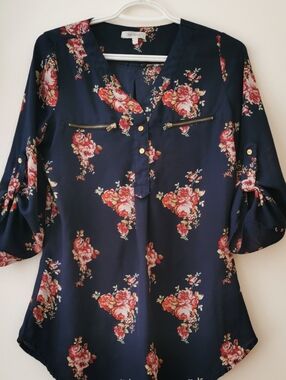 Stella Tweed Navy Floral Blouse with Gold Zipper Details